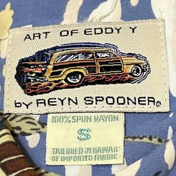 Art of Eddy Y by Reyn Spooner Surfer and Woody Print Short Sleeve Hawaiian Shirt - Picture 3 of 7